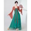 Women's Chinese Classical Dance Costume, Red Green Contrast Color Flowy Chiffon Performance Dress With Long Sleeves