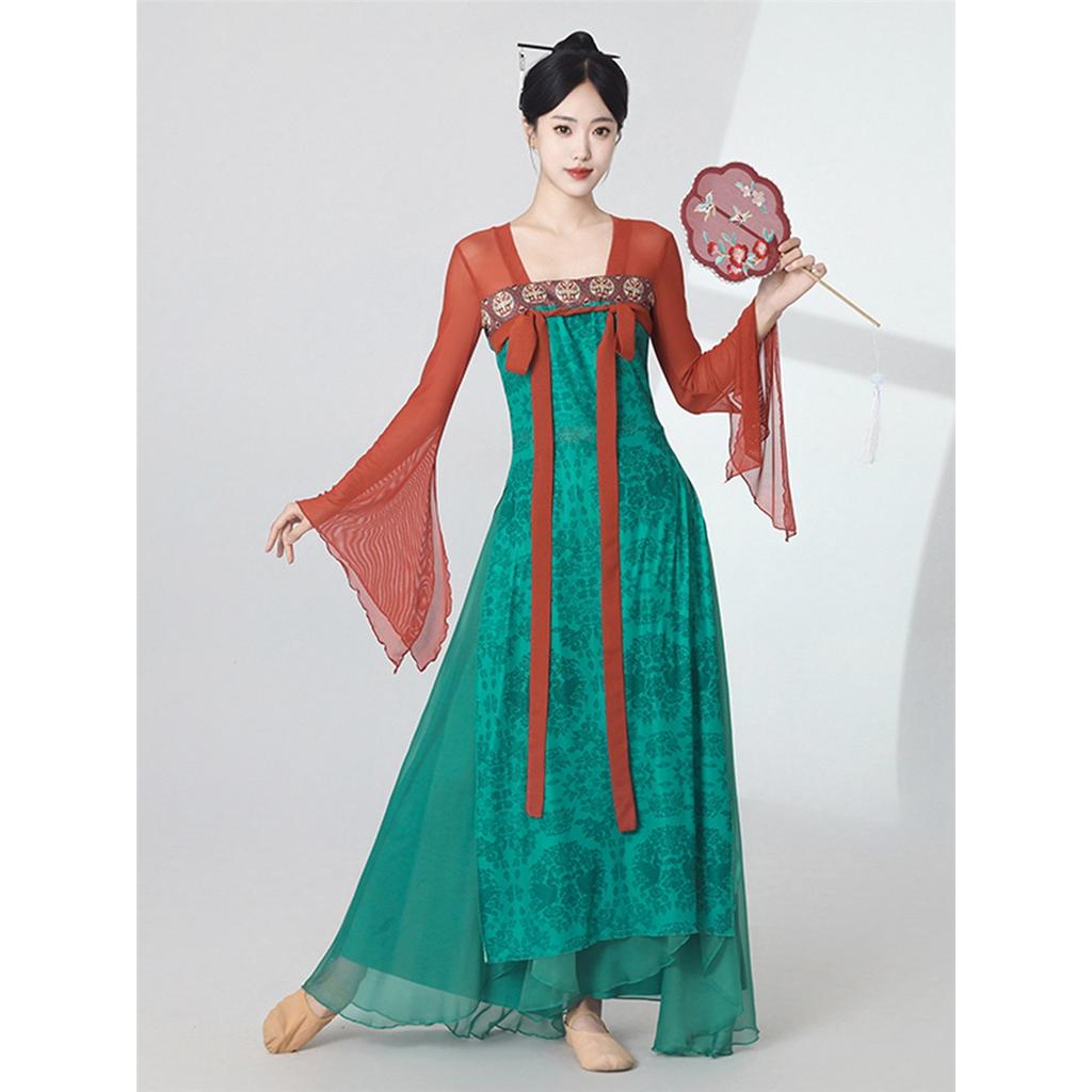 Women's Chinese Classical Dance Costume, Red Green Contrast Color Flowy Chiffon Performance Dress With Long Sleeves