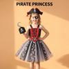 Kids Pirate Costume Dress with Tutu Skirt Skull Print Adjustable Straps and Accessory Set for Halloween Costume Party Role Play