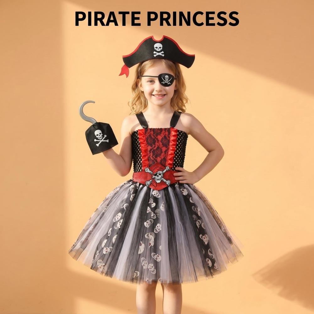 Kids Pirate Costume Dress with Tutu Skirt Skull Print Adjustable Straps and Accessory Set for Halloween Costume Party Role Play