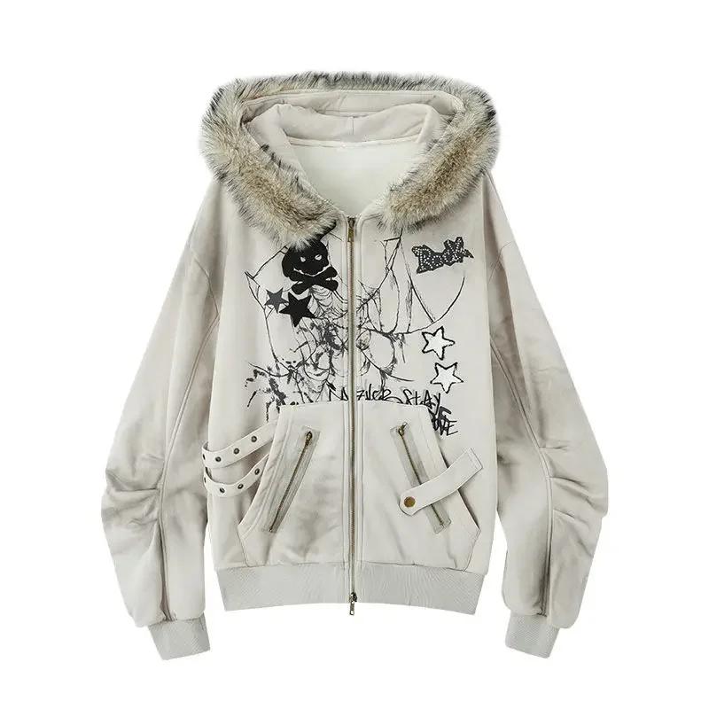 2KWEIRD American Retro Hoodie Women Gothic Simple Print Rabbit Ears Zipper Hooded Fur Collar Sweatshirt Fashionable Harajuku Jacket Tops
