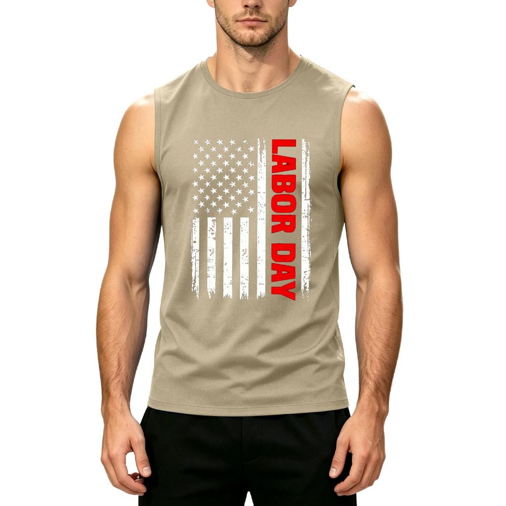 Men's Sleeveless Casual Tank Top with Printed American Flag and Labor Day Text Comfortable Fit for Summer Outdoor Activities