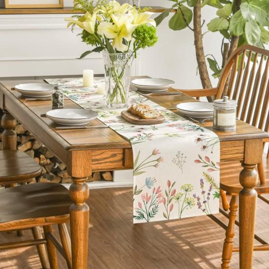 Spring Table Runner Floral Linen Table Runner Seasonal Summer Wildflowers Kitchen Dining Decoration for Home Party Decor