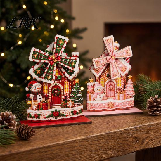 Kerstman Bureau Centerpiece Kerst Windmolen Houten Ornament, Decoratief Ambacht met Draaiend Peperkoekhuis Tafeldecor Bladen, Handgemaakt