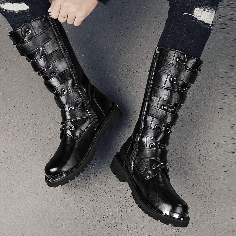 Men's High Top Motorcycle Boots Niche Cool Boot Belt Buckle Design for Knight Men Boots Retro British Tooling Boots Botas Hombre