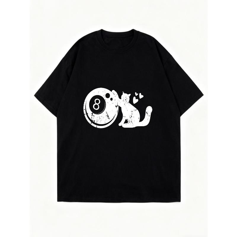 Oversized T Shirt Dress Black 8 Ball And Cat Print Casual Streetwear For Women