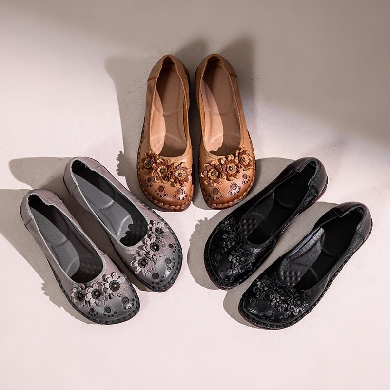 Fashion GKTINOO 2025 New Ethnic Style Genuine Leather Loafers Comfortable Soft Sole Flower Flats Round Toe Versatile Women's Shoes