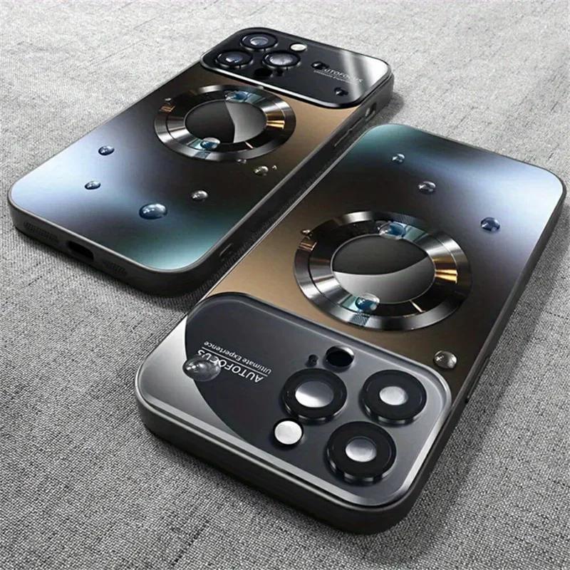 

Новый чехол из титанового сплава для iPhone 15 Pro Max, чехол для телефона 14/13/12/11, высококачественный стеклянный магнитный роскошный матовый чехол с большим окном For iPhone 15 ProMax чёрный