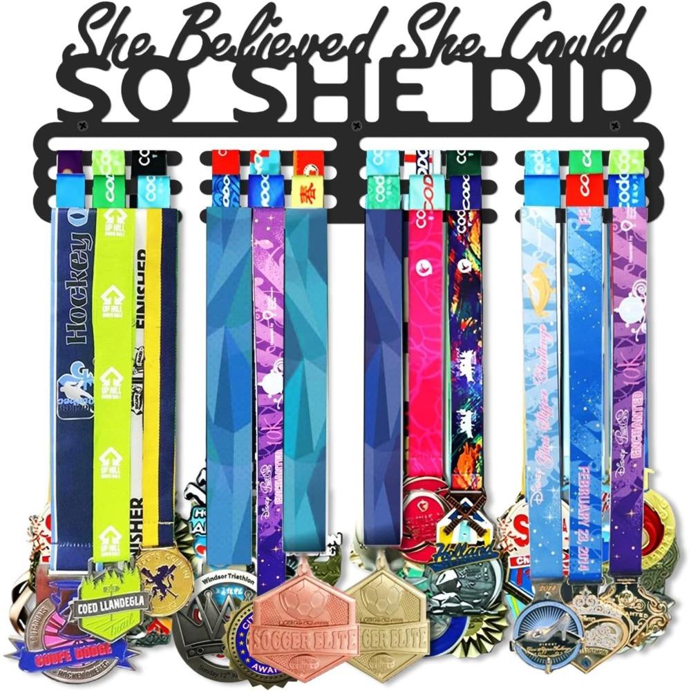 

Steel Medal Holder Wall Mount Display Rack Black Metal Sports Marathon Running Soccer Gymnastics Large Capacity Sturdy Hanger Storage Decor Race