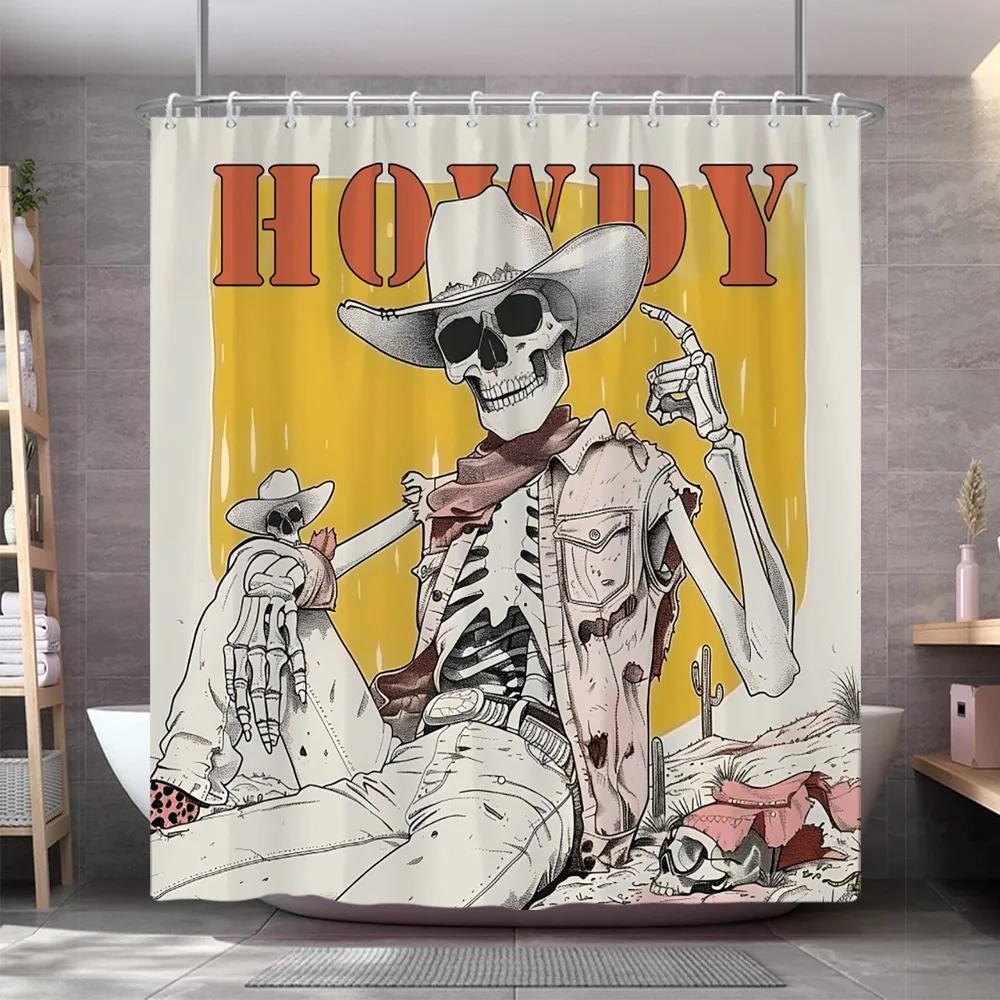 Vintage Western Schädel Gitarre Duschvorhang Lustiger Skelett Cowboy Howdy Gotisch Wilde Natur Wüste Duschvorhang Badezimmer Dekor