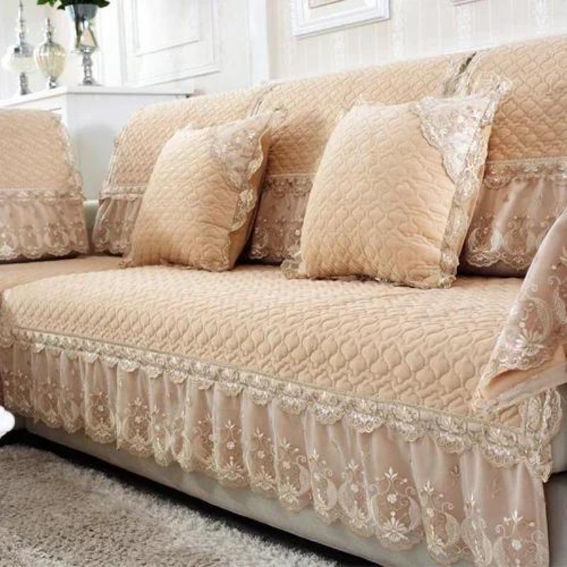 European Style Large Skirt Sofa Mat Four Seasons Short Plush Anti Slip Sofa Cover Simple Lace Solid Color Backrest Towel