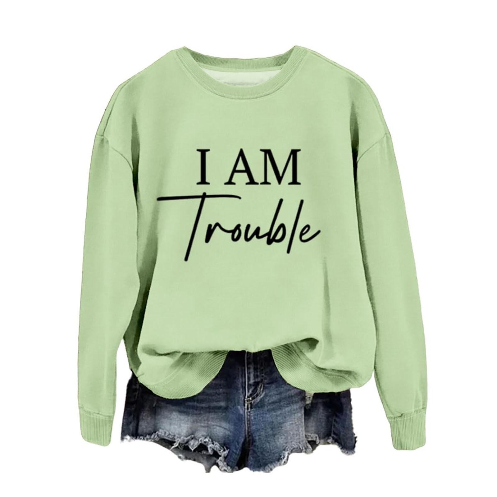 

Women s Fashion Casual Round Neck Loose I AM Trouble Print Long Sleeve Sweatshirt XXXXL світло-зелений колір