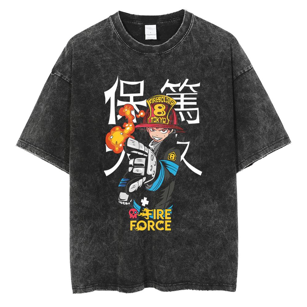 Fire Force Manga T Shirt Shinra Kusakabe Print Tshirt Vintage Washed Streetwear Men Women Clothes Cotton Soft Loose Tee Shirt
