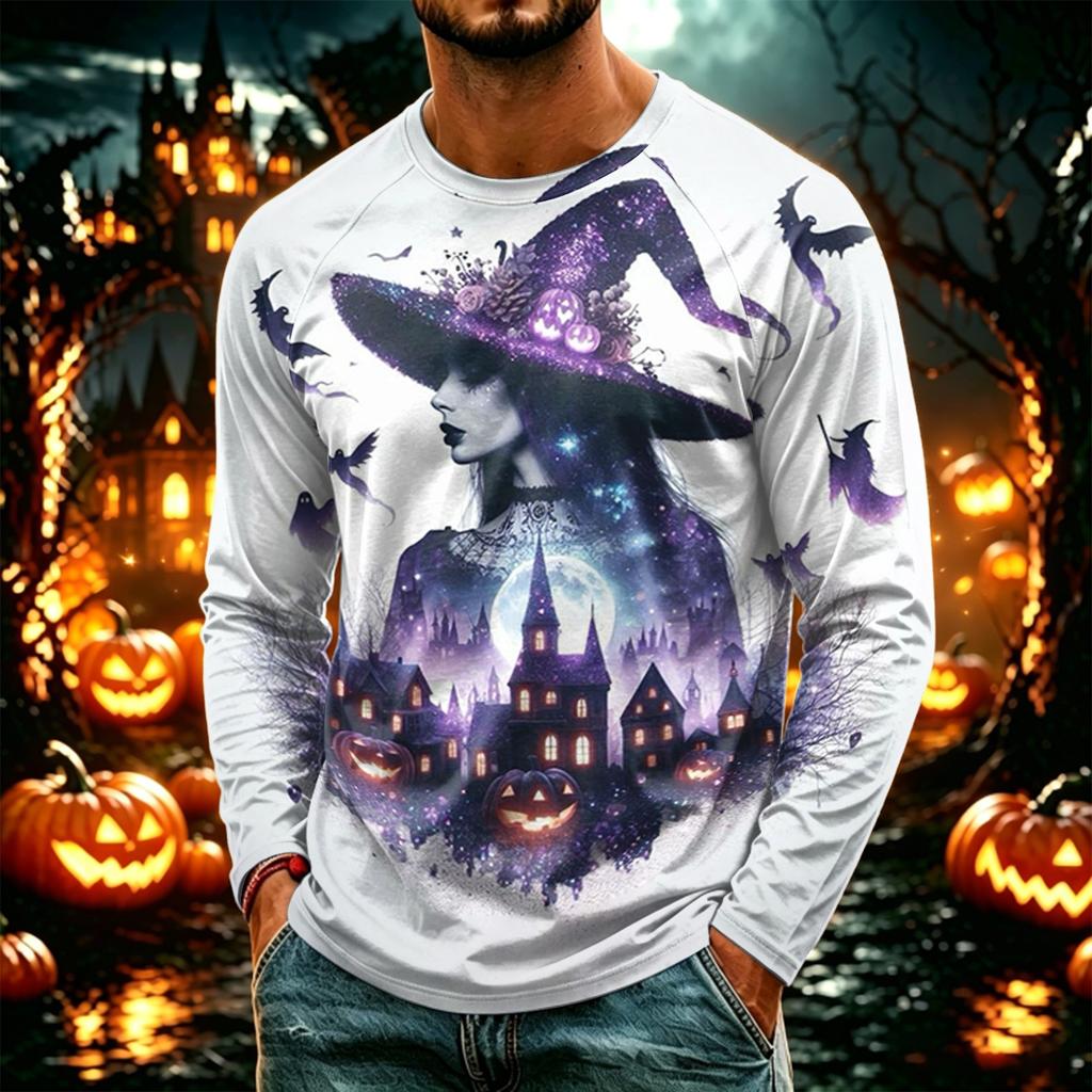 Men's Casual Long Sleeve Halloween Printed T-Shirt, Lightweight Neck Top for Daily Wear