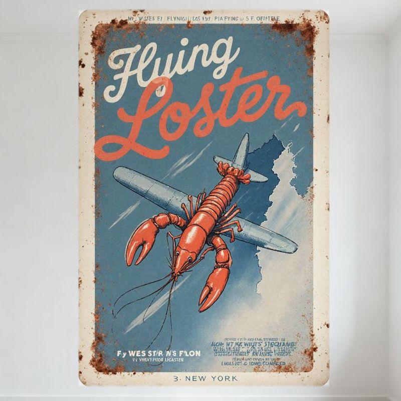 

Vintage Flying Lobster Metal Tin Sign, Retro Rusty Metal Plate Wall Decor, Whimsical Lobster Pilot Airplane Art for Bar Pub Home 20x30cm（7.8x11.8inch）