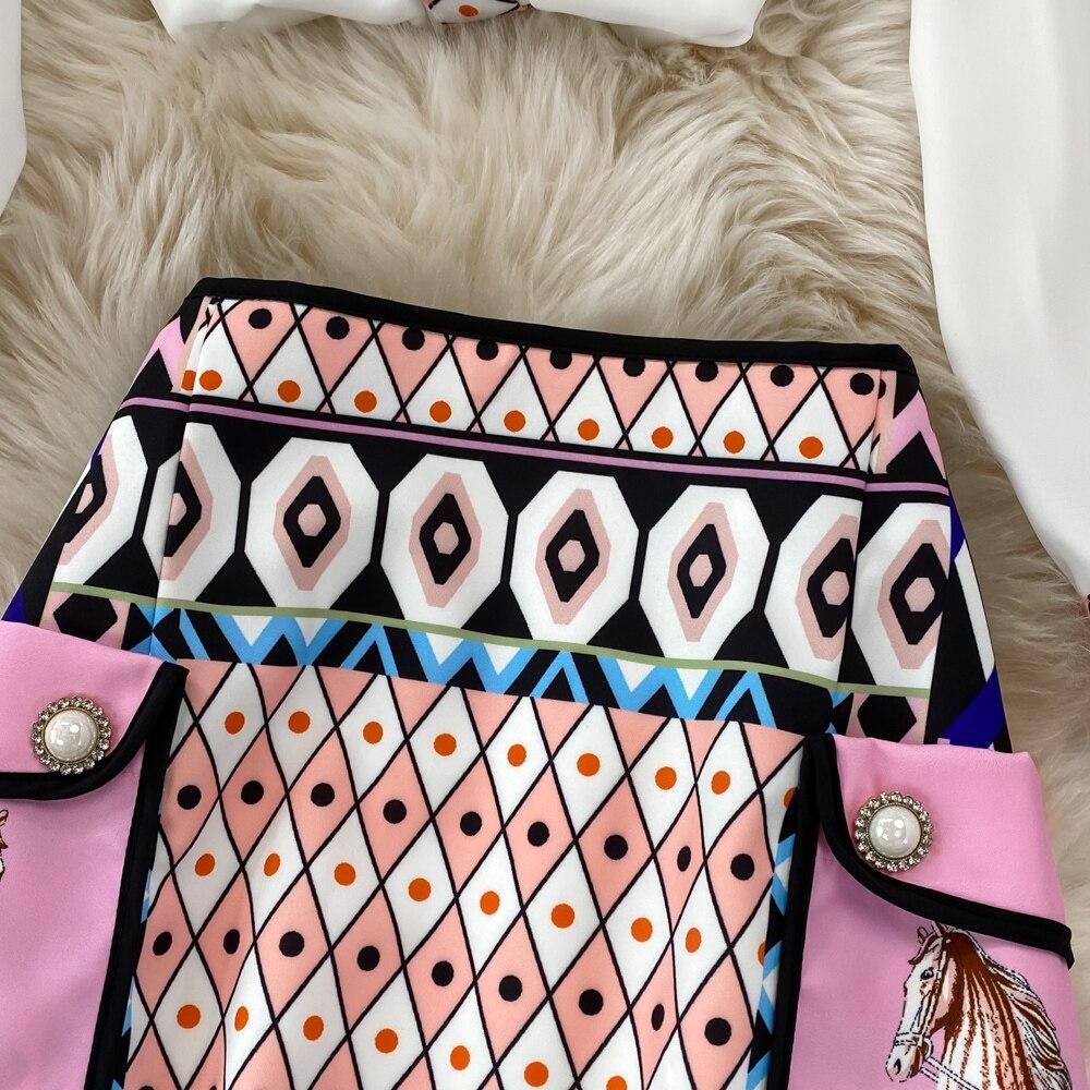 Fashion Suit Ladies Temperament Positioning Printing Loose Long Sleeved Shirt Two-Piece Set High Waist Skirt Short Skirt Spring