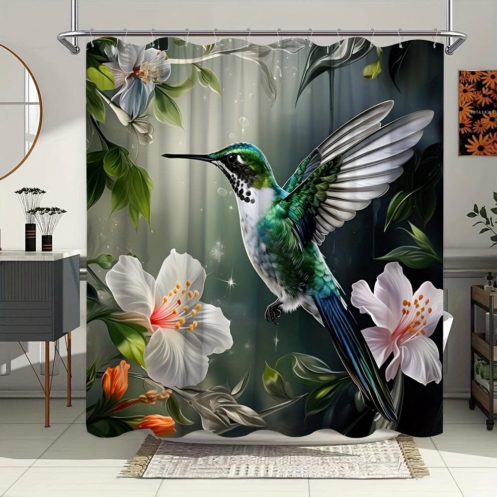 

Vibrant Hummingbird Bath Curtain - Exotic Flowers & Green Leaves, Waterproof Home Decor Adds Nature S Beauty To Your Bathroom W60H190(CM)-1 Pcs