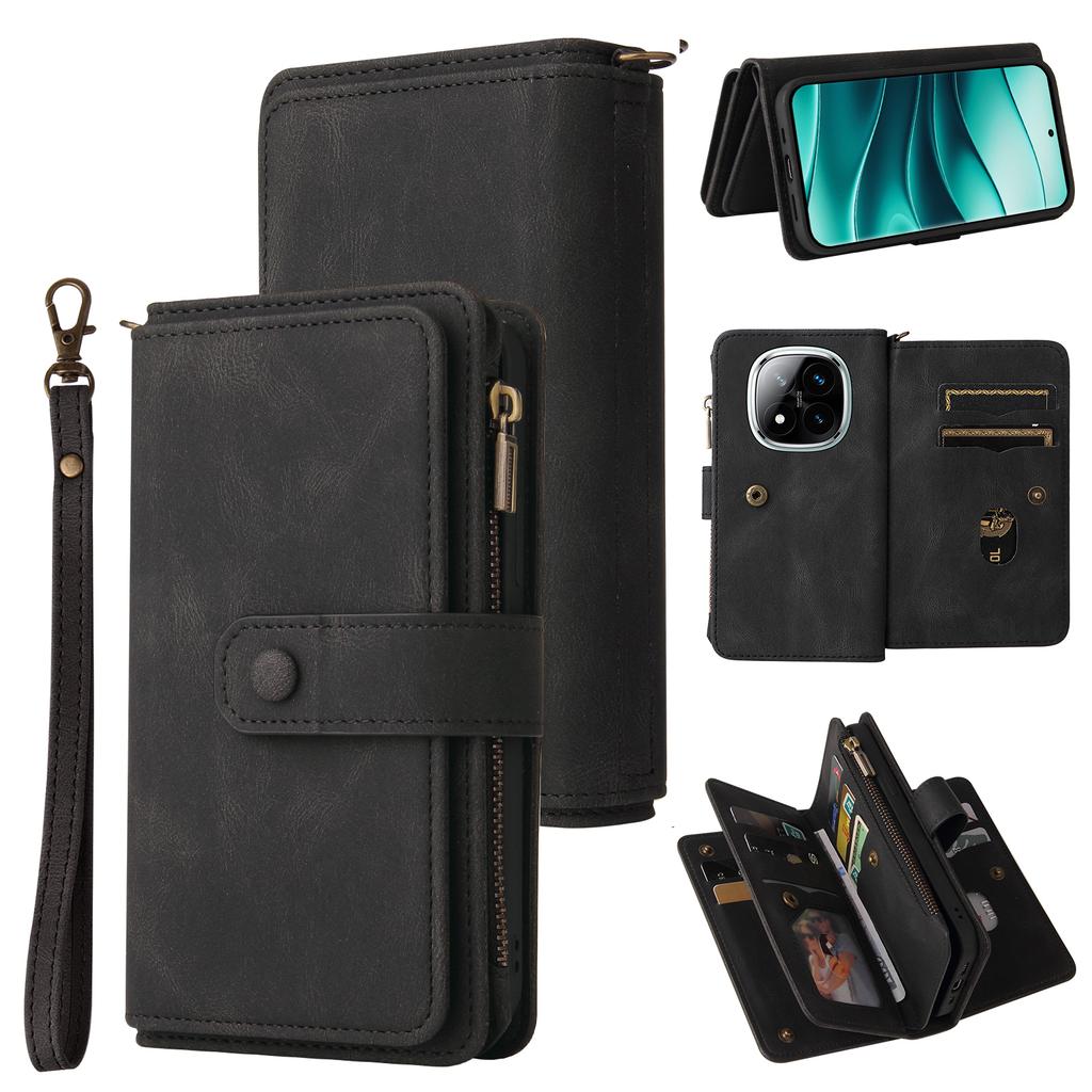 For Xiaomi Redmi Note 14 Pro+ 5G/Xiaomi Poco X7 5G/Xiaomi Redmi Note 14 Pro 5G Zipper Wallet Case with 15 Card Slots and Strap Leather Phone Cover