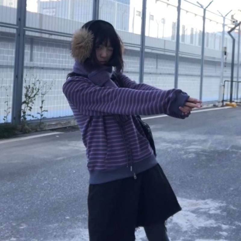Japanese Y2k Purple Striped Cardigan 2000s Style Turtleneck Knitted Jacket Vintage Harajuku Zipper Knitwear Korean 90s
