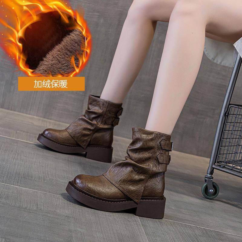 Short boots British style women 2025 new autumn and winter pleated knight boots thick-soled trouser tube boots women's pile student boots