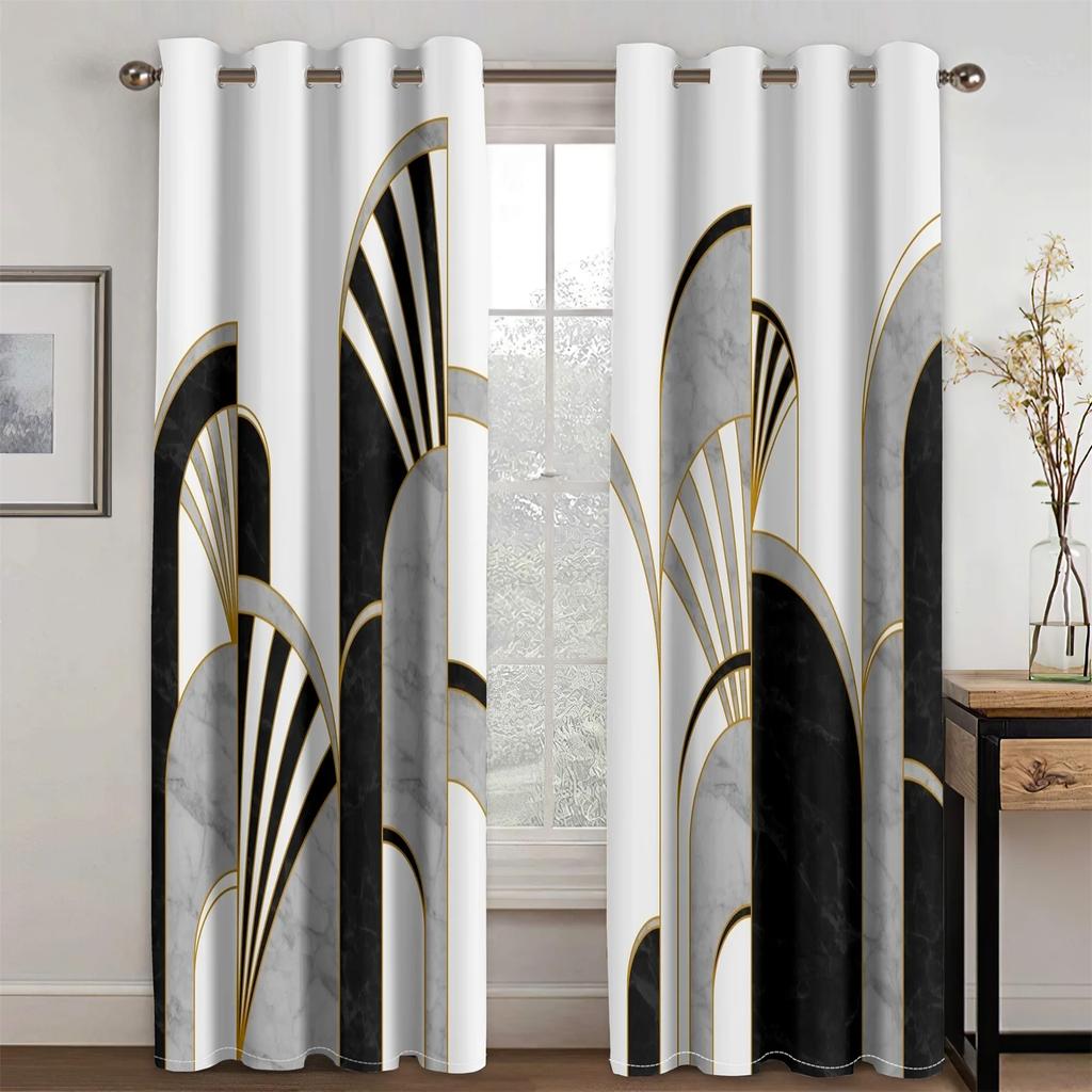 Striped Abstract Art Modern Black and Gold 2 Pieces Light Filtering Curtain for Living Room Bedroom Home Window Drape Decor