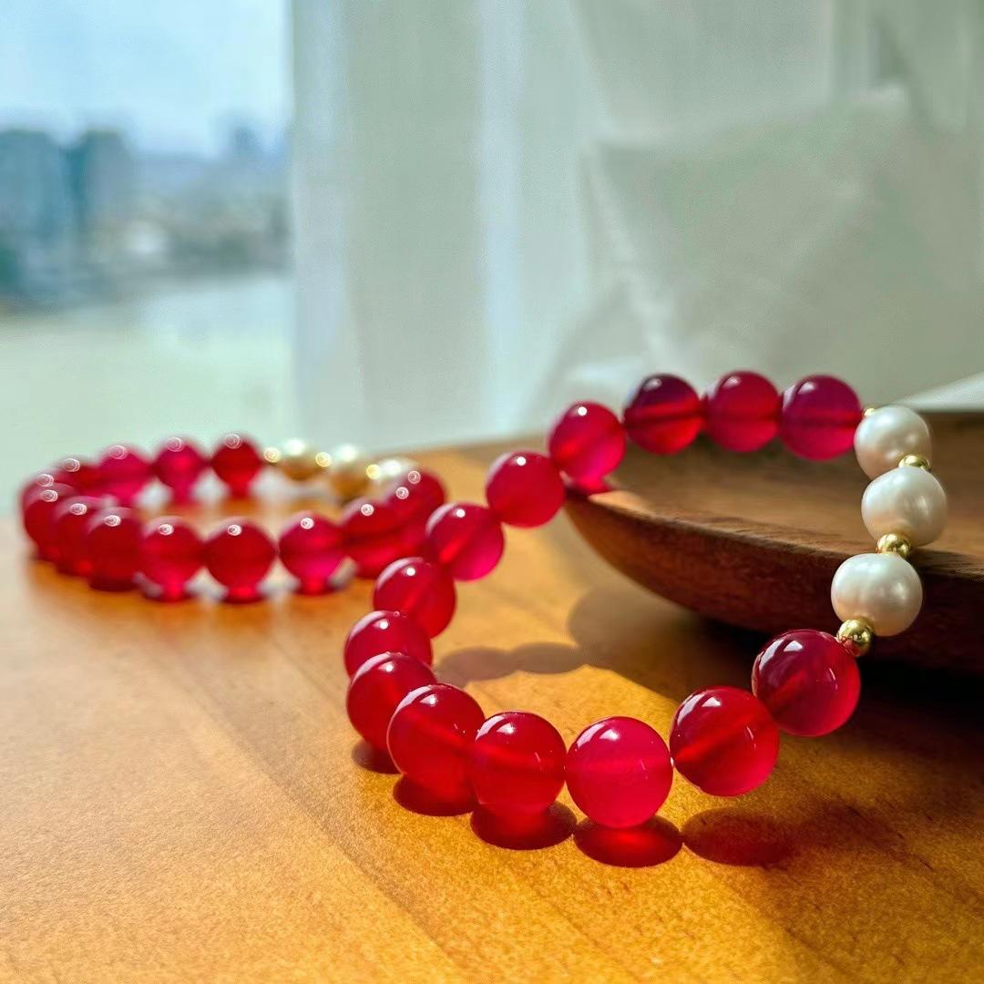 Retro Natural Pigeon Blood Red Chalcedony Agate Freshwater Pearl Bracelet Bracelet Basic Commuter Model