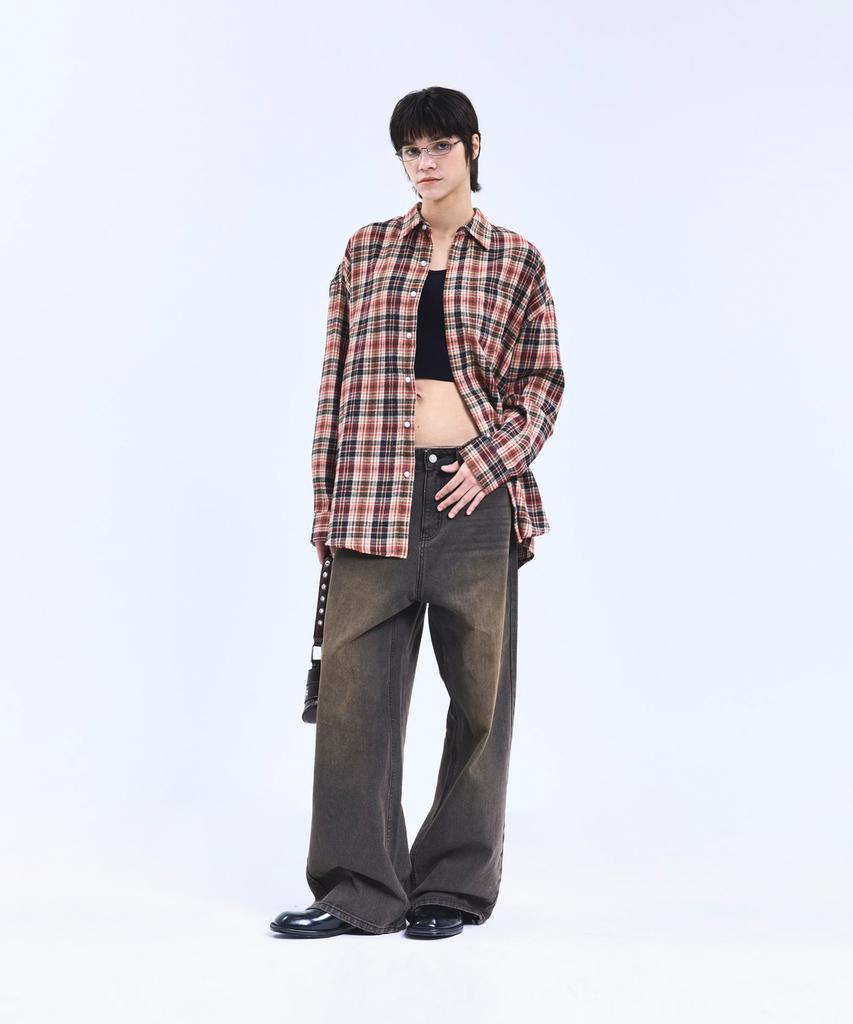 STANDARDERROR 87-Stan134 Soft Misty Oversized Pocket Long Sleeve Check Shirt Red