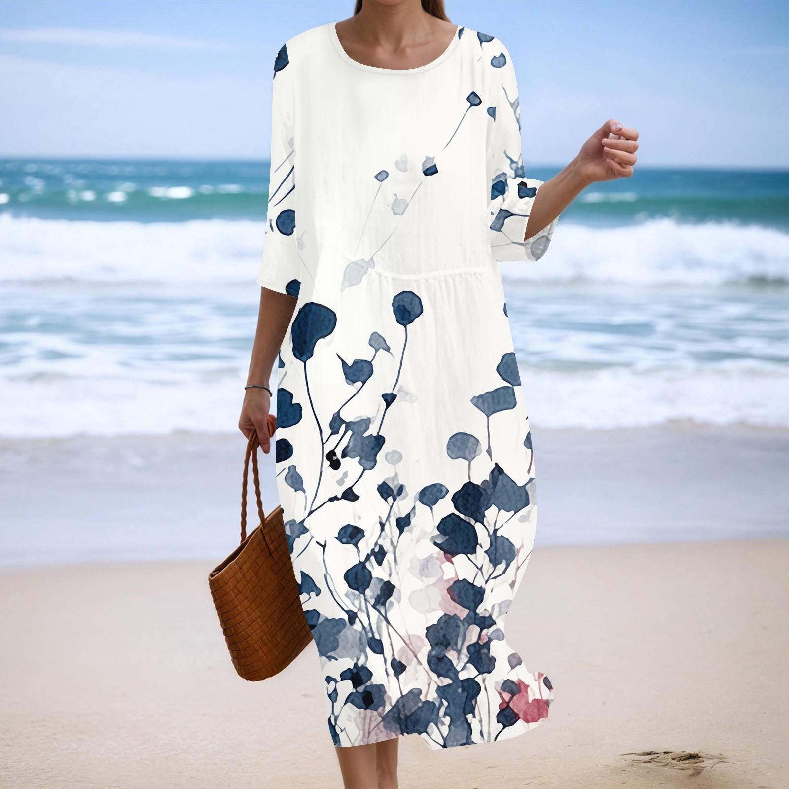 

Женское модное платье свободного кроя с принтом, круглым вырезом и рукавом три четверти XL белый