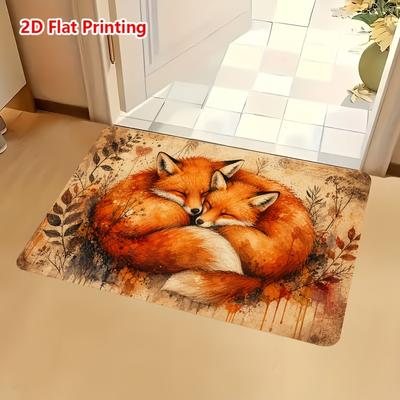 1pc, 2D Flat Printing Embracing Foxes Door Mat, Non-Slip Machine Washable Easy Clean Polyester Carpet, Suitable for Home And Outdoor Decor, Ideal for 
