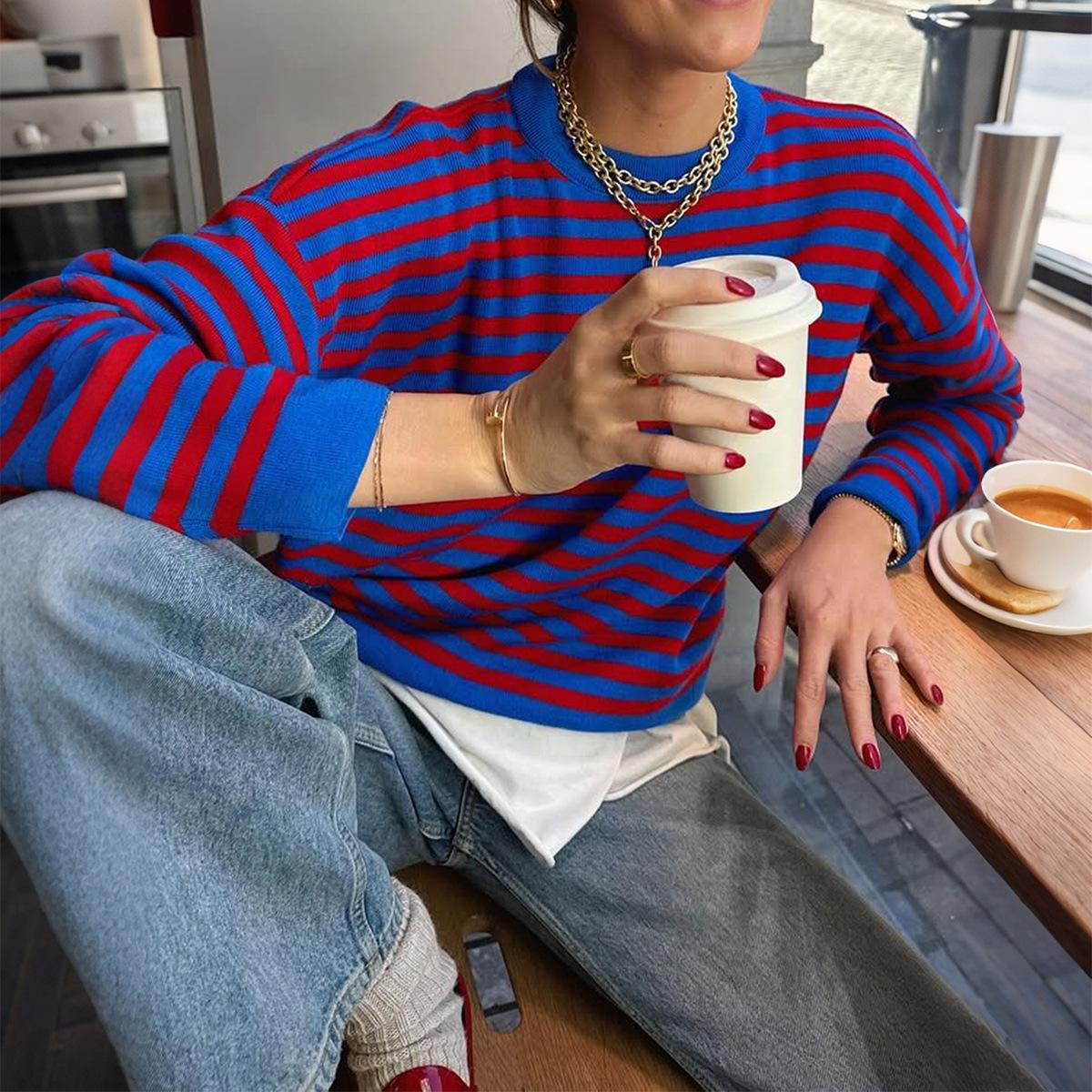 

Універсальна смугаста вовняна толстовка в стилі Y2K для жінок, осінь-зима 2025 S синій