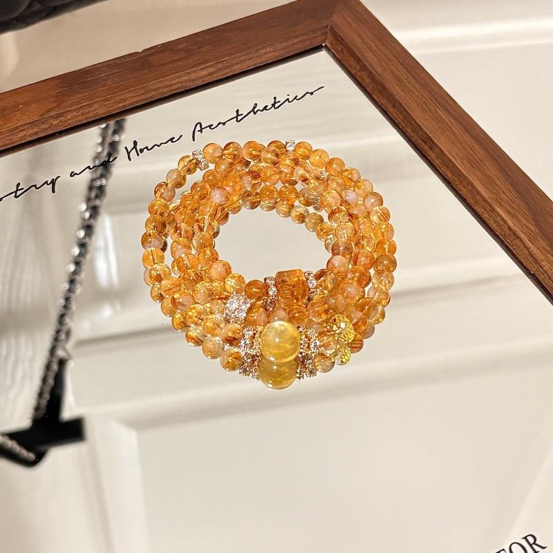 Natural Yellow Tower Crystal Golden Lepidolite Three-Strand Beaded Bracelet Women Handmade Round 6mm Light Luxury Style