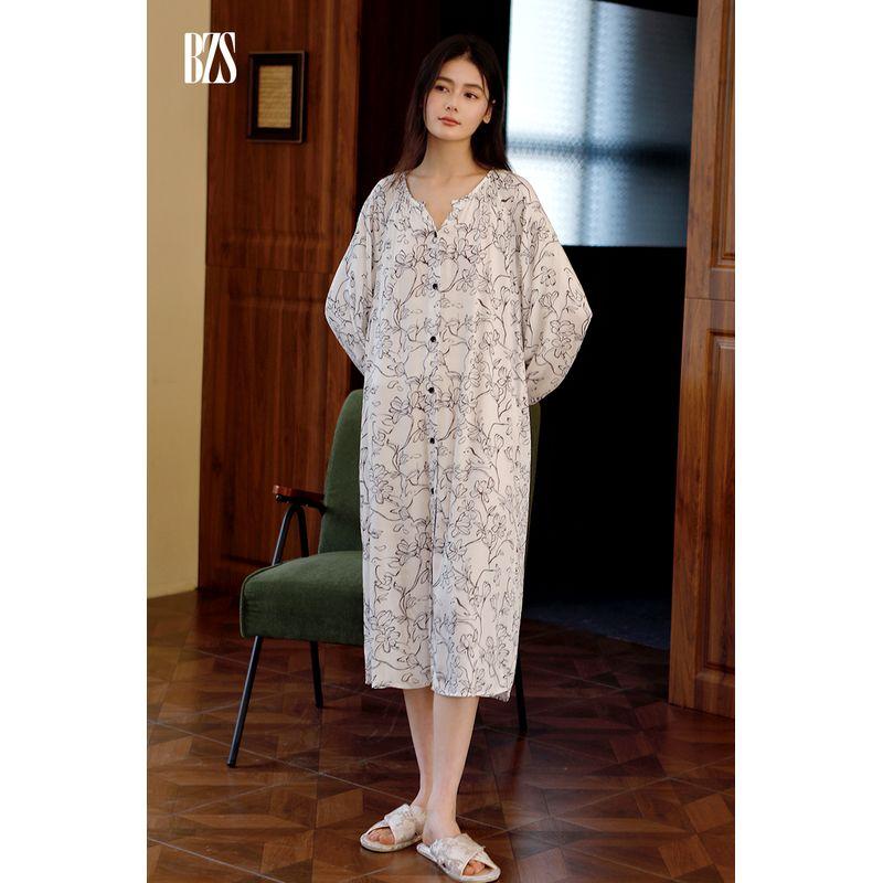 

25-Year Satin Beautiful Mori Style Ink Print Cardigan Long Sleeves Home Nightdress Casual Suitable for Daily Wear Home Wear Suit Nightdress L [recommend 60.00 kg-67.50 kg]]