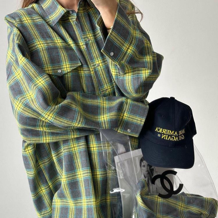 Retro Plaid Long Sleeve Loose Shirt with Turn-Down Collar for Women, 2025 Spring/Autumn