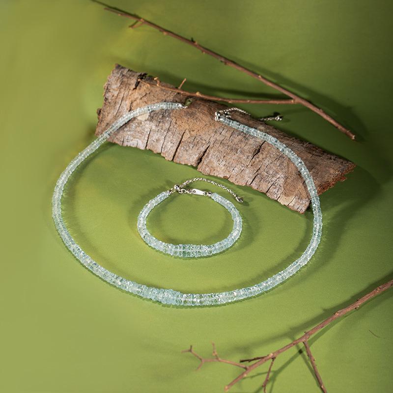 Natural Aquamarine Beaded Necklace Women'S S925 Sterling Silver Colored Jewelry Haixi Cut Gradual Change In Size