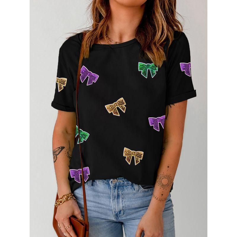 American Acelitt Sequins Bow Short Sleeve T-shirt Women 2025 Summer New Personality All-matching Pullover Women