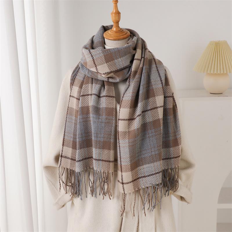 Korean Retro Plaid Autumn and Winter Warm and Cold Scarf Shawl Commuting Versatile Couple Tassel Imitation Cashmere Scarf