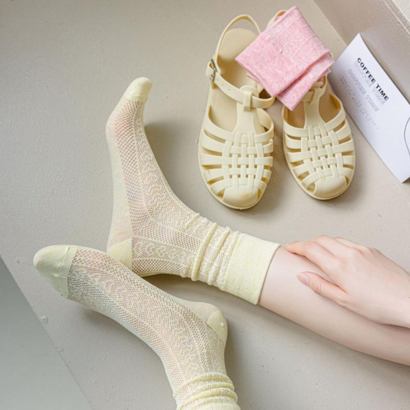 Female Summer Thin Pure Color Hollow Mesh Breathable In The Tube Pile Pile Cotton Socks