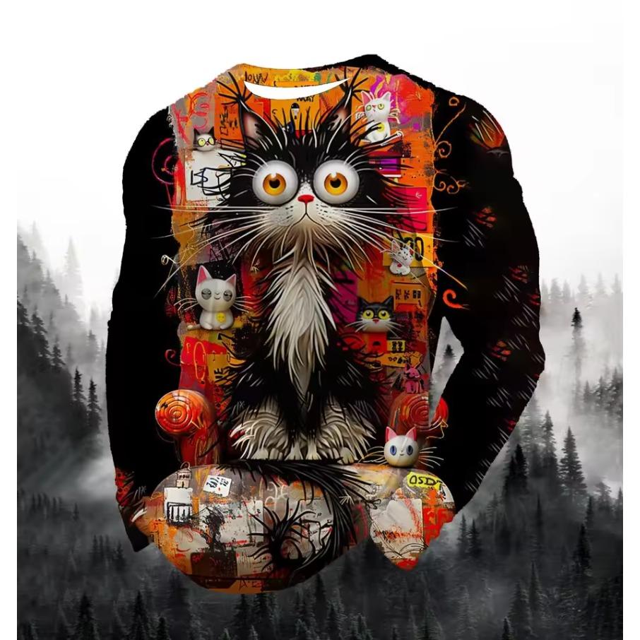 Lion Cat Fierce Animal Print Men's T-shirt Fashion Long Sleeve T-shirt Casual Round Neck Street Top Loose Pullover Autumn