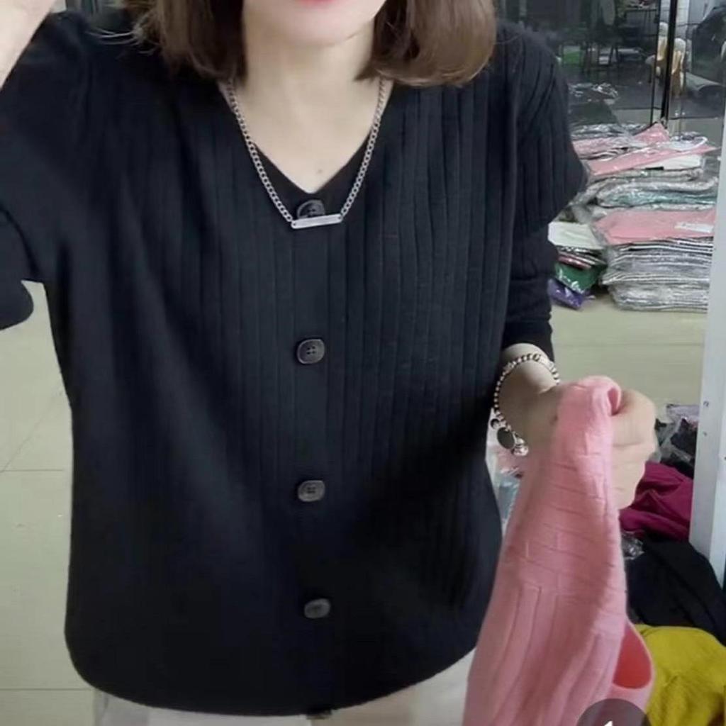 Hollow Out V Collar Long Sleeved Knitted Sweater Autumn Loose Striped Base Shirt for Women