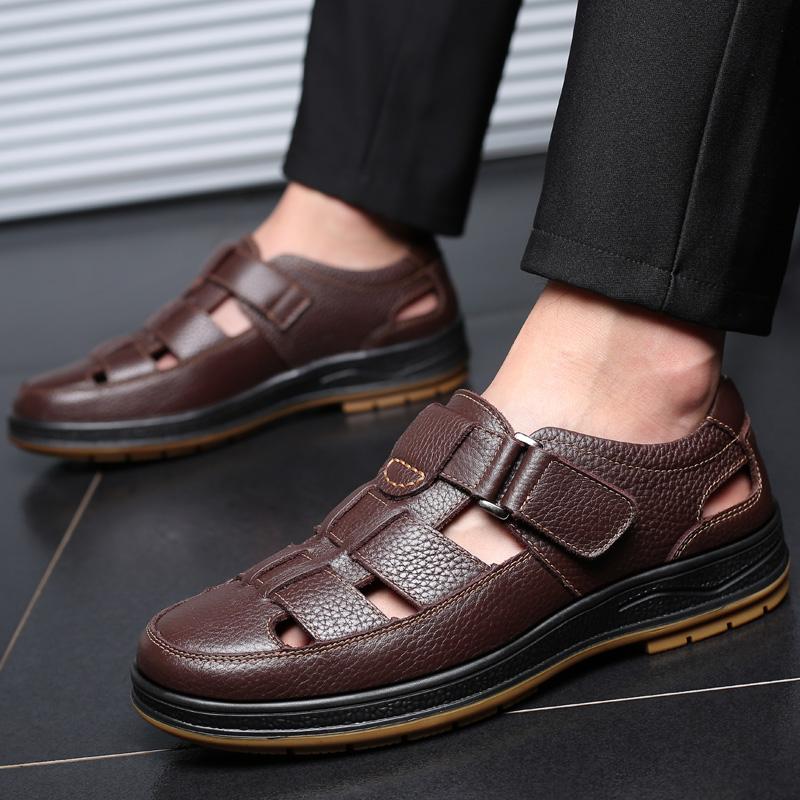 Fashion Summer Hollow Cowhide Sandals Breathable Men's Lightweight Man Outdoor Sandals Travel Men Casual Comfort Large Size Beach Shoes