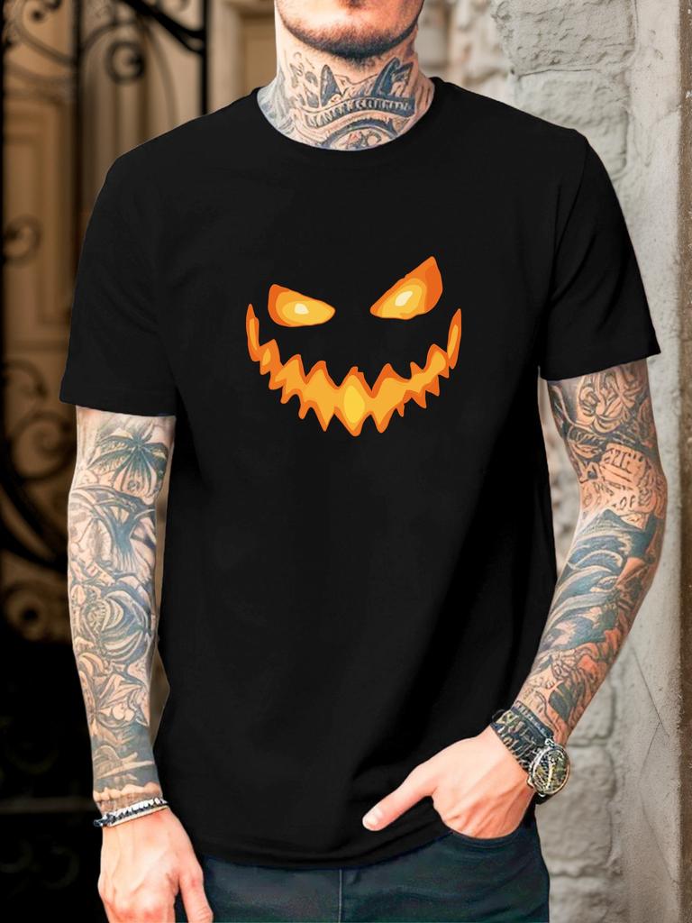 Green Unisexs Tee Halloween Pumpkin Face Graphic Crew Neck Cotton Short Sleeve Holiday Male Street Summer Soft Daily Casual Wear