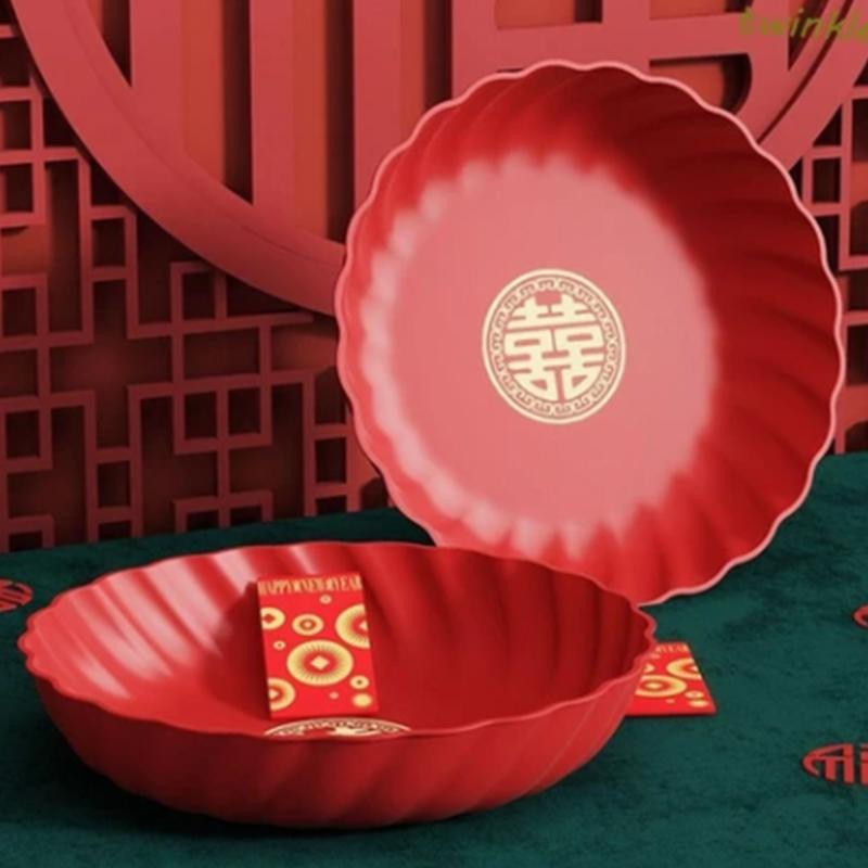 4Pcs Red Wedding Snack Tray Round Plastic Chinese  Year Nut Fruit Plate Chinese Thickened Serving Tray Entertainment