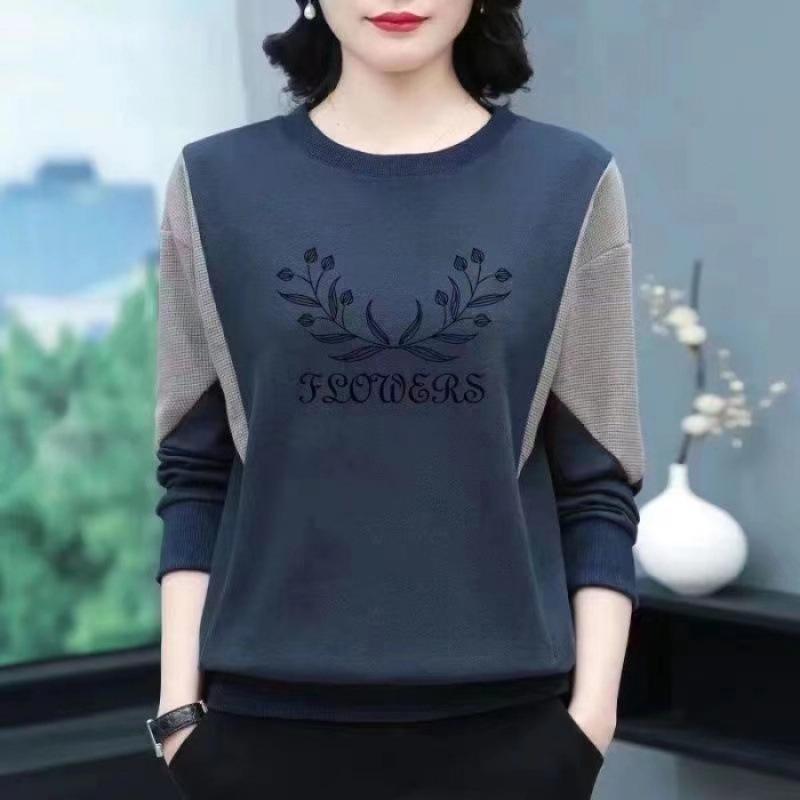 Autumn Winter Women's Cotton Patchwork Round Neck Plus Size Long Sleeve Printed Sweatshirt for Middle-Aged Moms