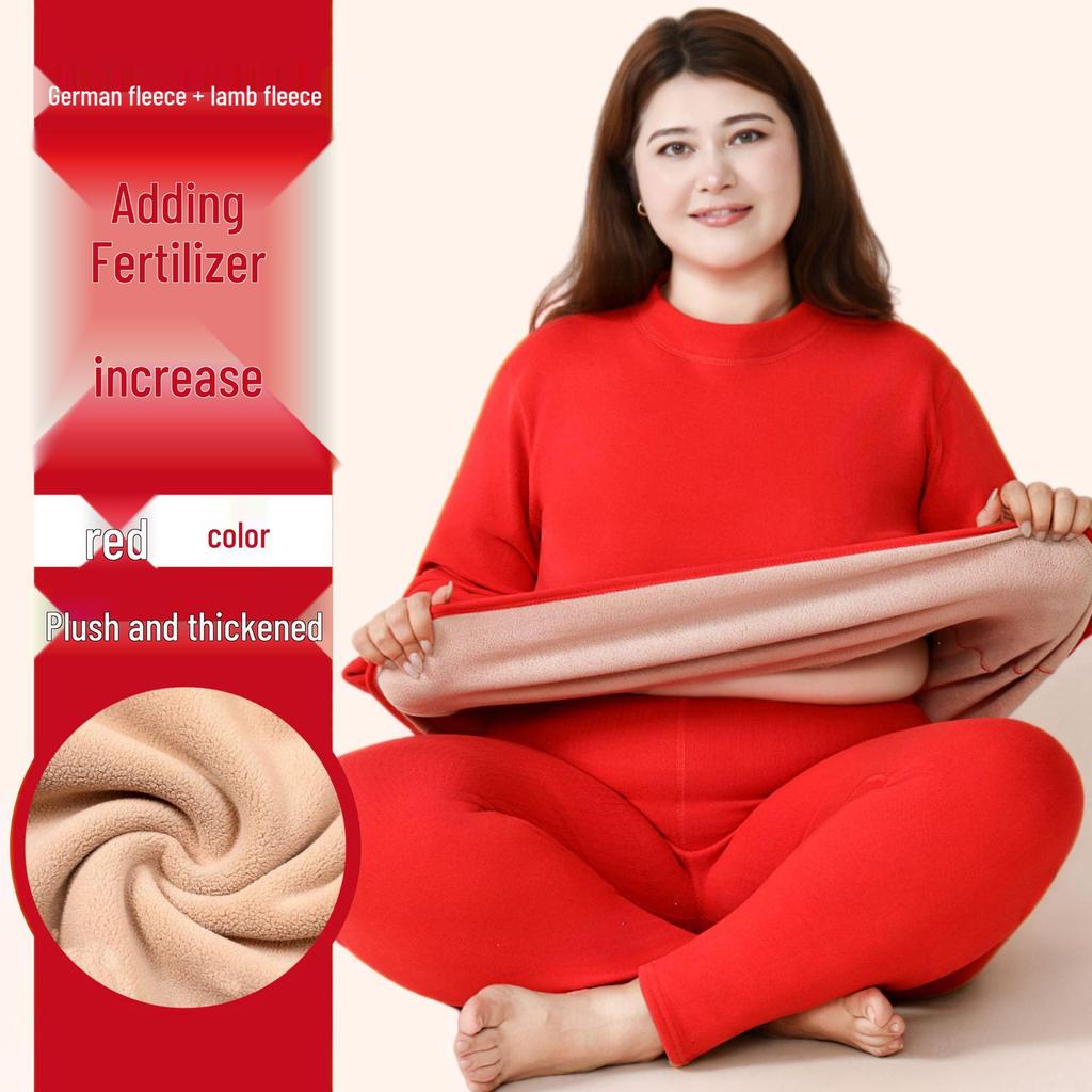 Women's Plus Size Fleece-Lined Lambswool Dralon Crew Neck Warm Underwear Set for Winter Cold Protection