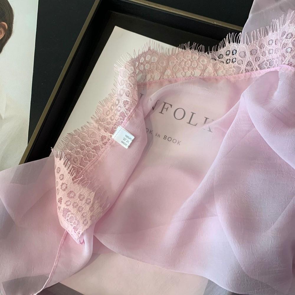 Elegant Solid Color Lace Splicing Scarf Thin Lace Trimmed Chiffon Scarf Breathable Sun Protection Beach Shawl Wraps