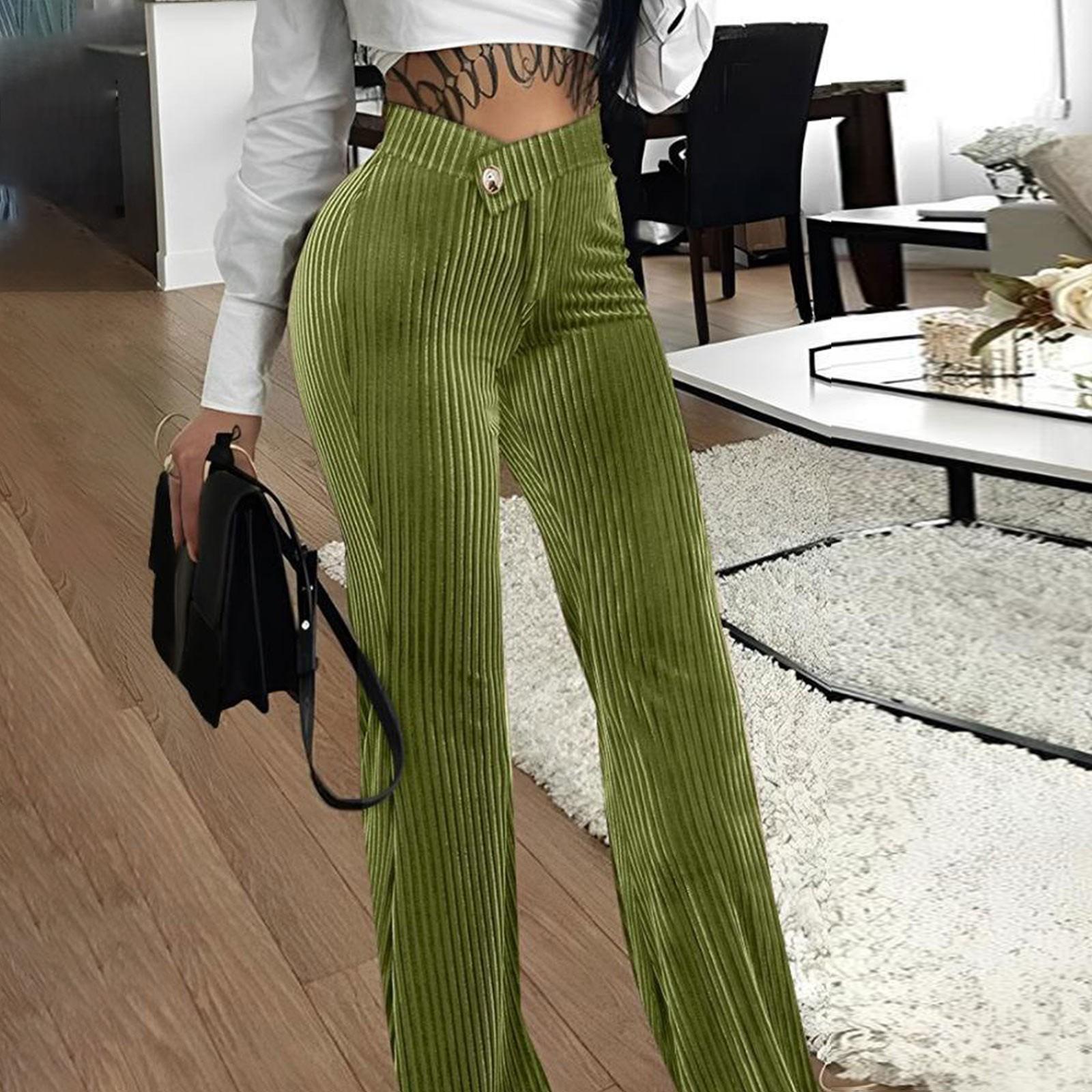 

Женская мода однотонные повседневные расклешенные брюки на молнии и пуговицах XL зелёный