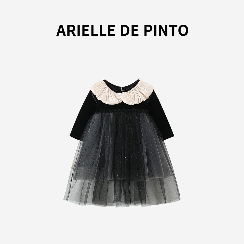 French Arielle De Pinto Girls  Velvet Patchwork Gauze Skirt Autumn Fashion Girl Princess Dress Black 130cm