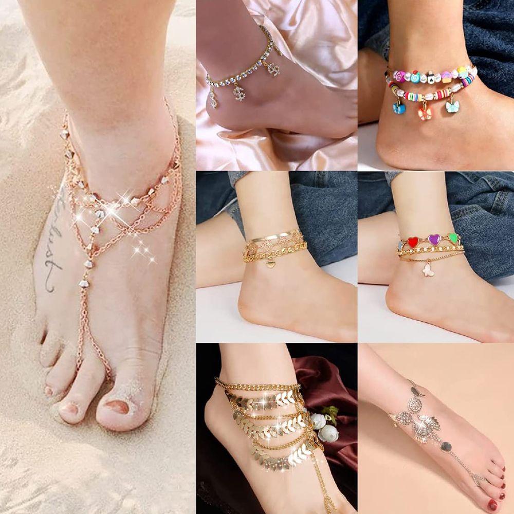 

Gift for Women Bohemian Rice Bead Anklet Rhinestones Bracelet Tassel Chain Anklet Layered Anklet Style 8-Gold
