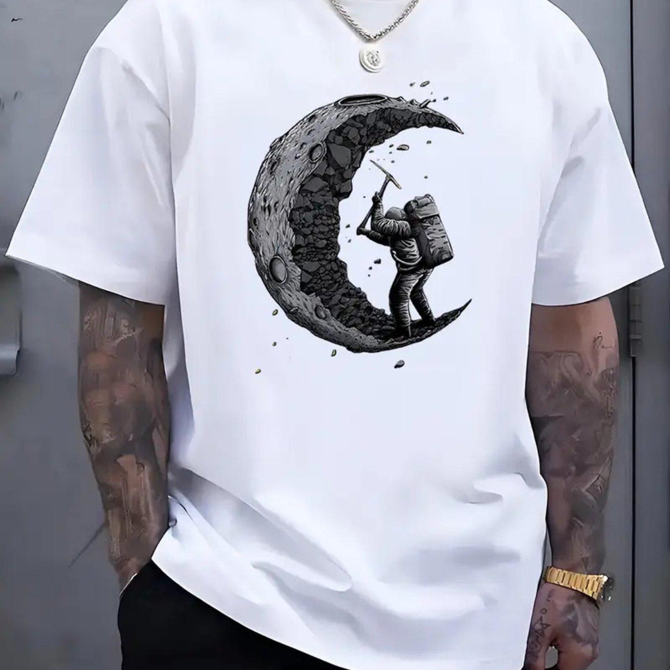 Men T-Shirt Men Summer Casual Comfort T-Shirt with Astronaut Moon Graphic Print Trendy Fashionable Design for Men S