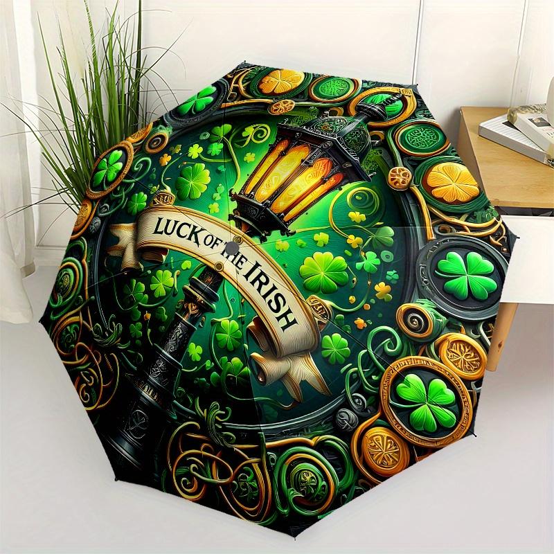 

Luck of the Irish Stained Glass Lampshade, Green & Gold Decorative Lantern Shade Umbrella, Cute Umbrella with Cute Design, Portable 3-Fold Compact Umb